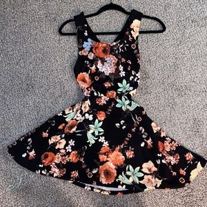 Floral black open back mini dress